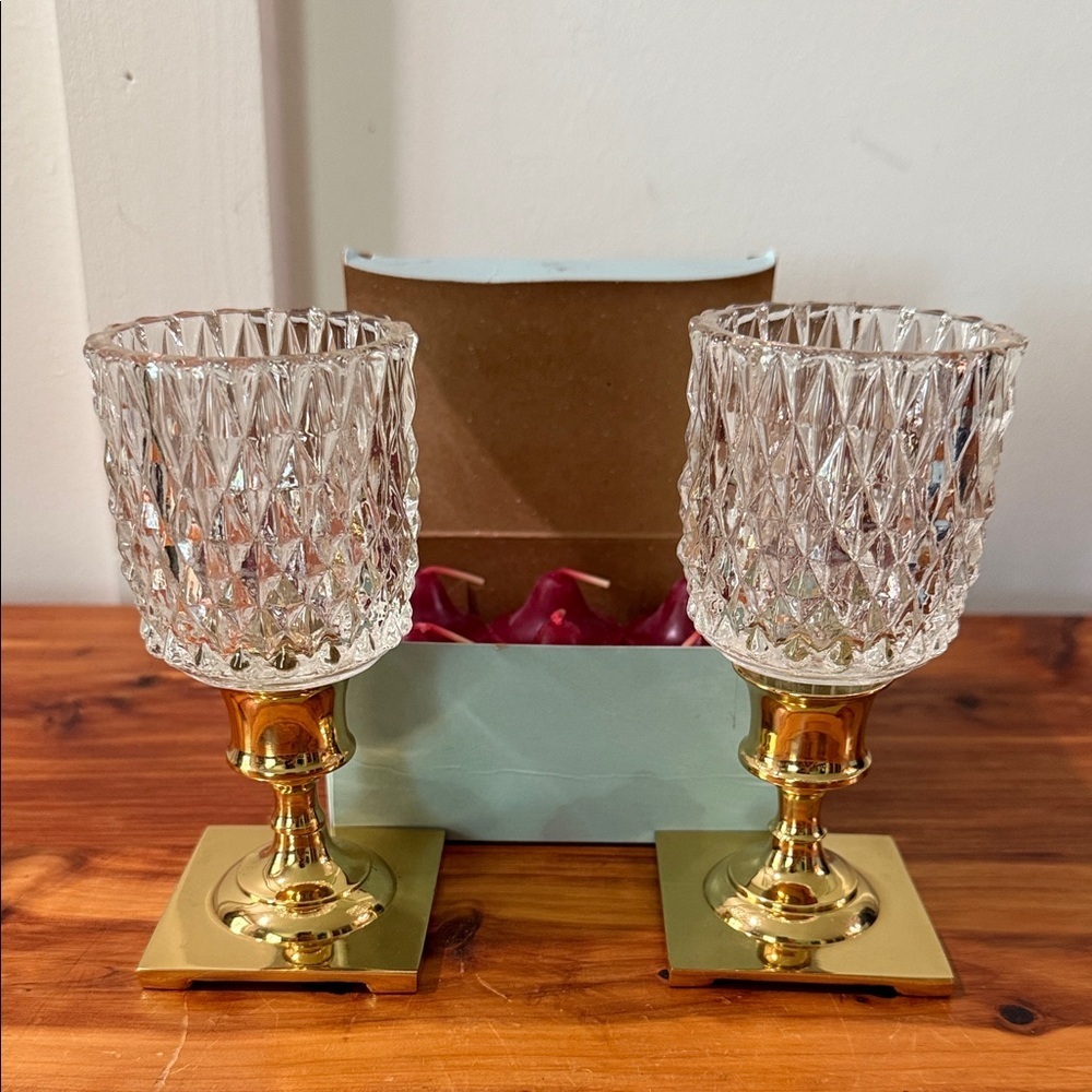 Partylite Copely Brass Candlesticks w/ Faceted Peglights Plus Raspberry Votives